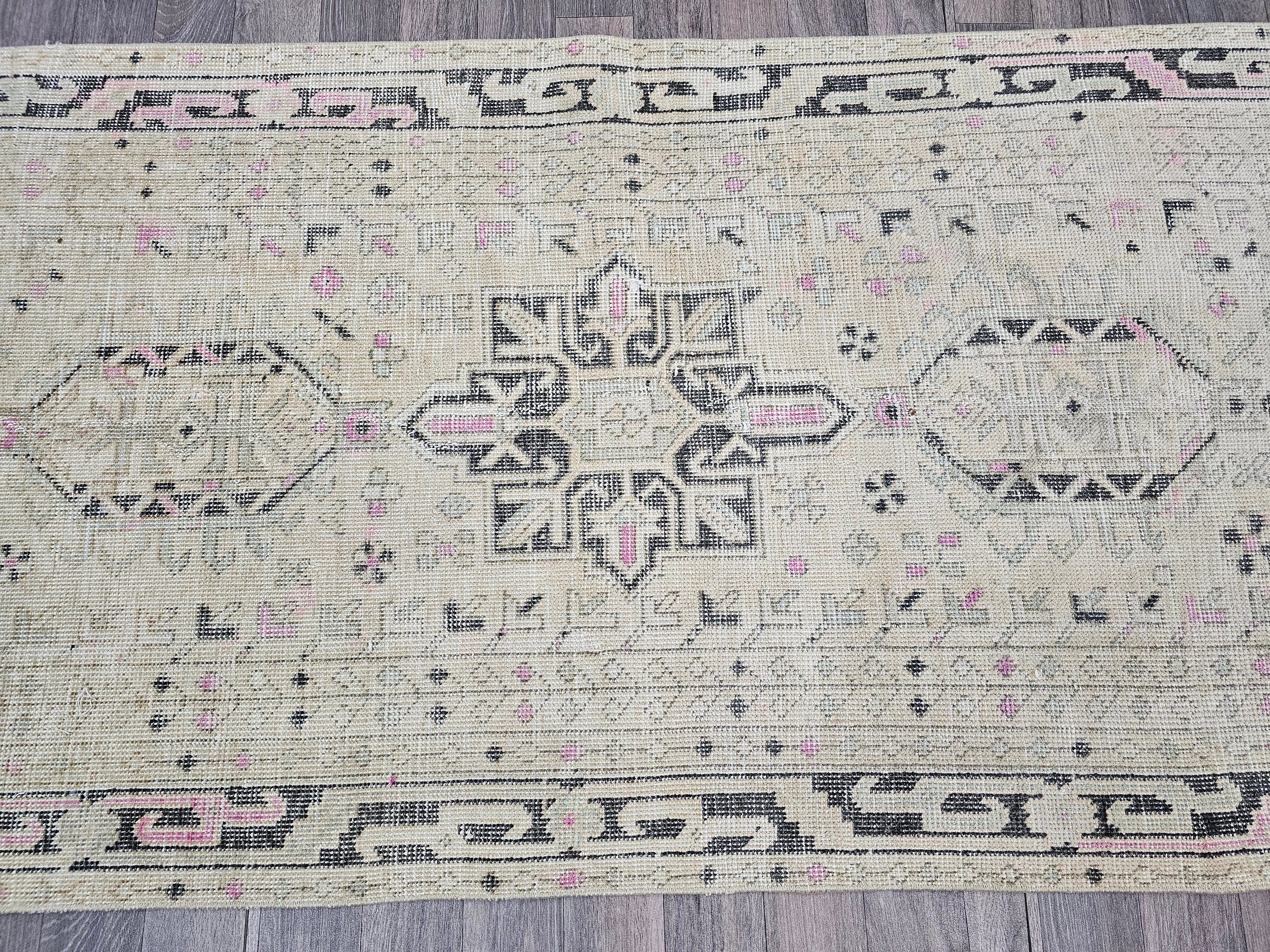 Vintage Turkish Oushak Wool Runner Rug: 3x12 Neutral Hallway Carpet
