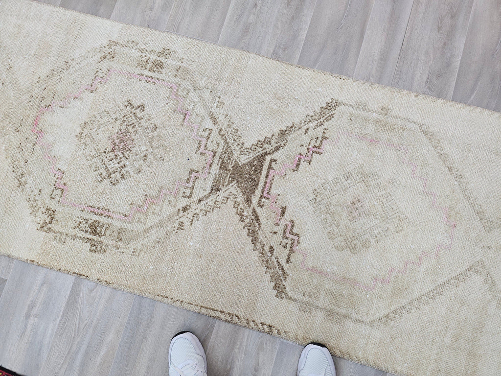 Hand Knotted Wool Turkish Runner Rug: Neutral Oushak Stair Runner (3x14 ft)