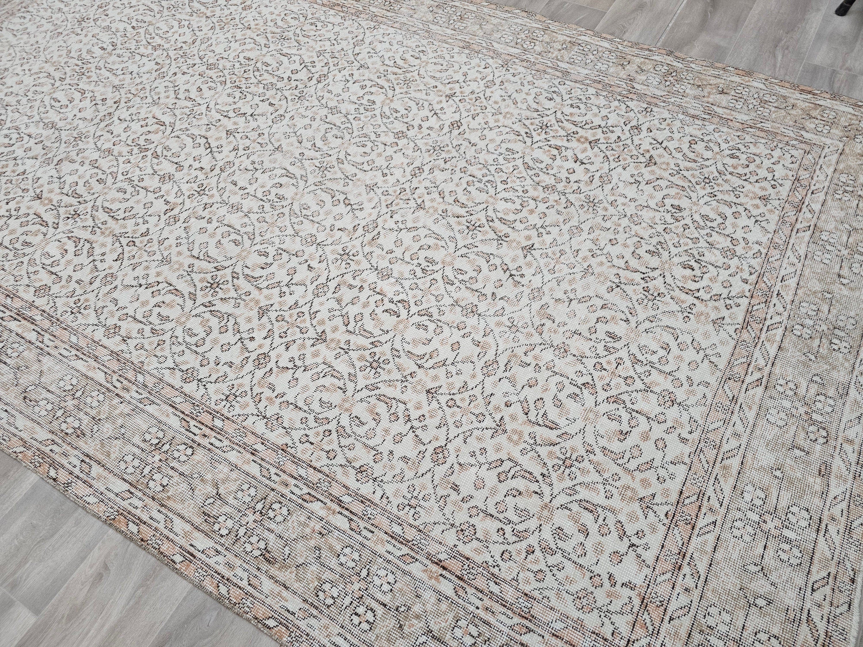 Neutral Vintage Turkish Oushak Rug: Hand-Knotted Wool, 6.2x10 ft