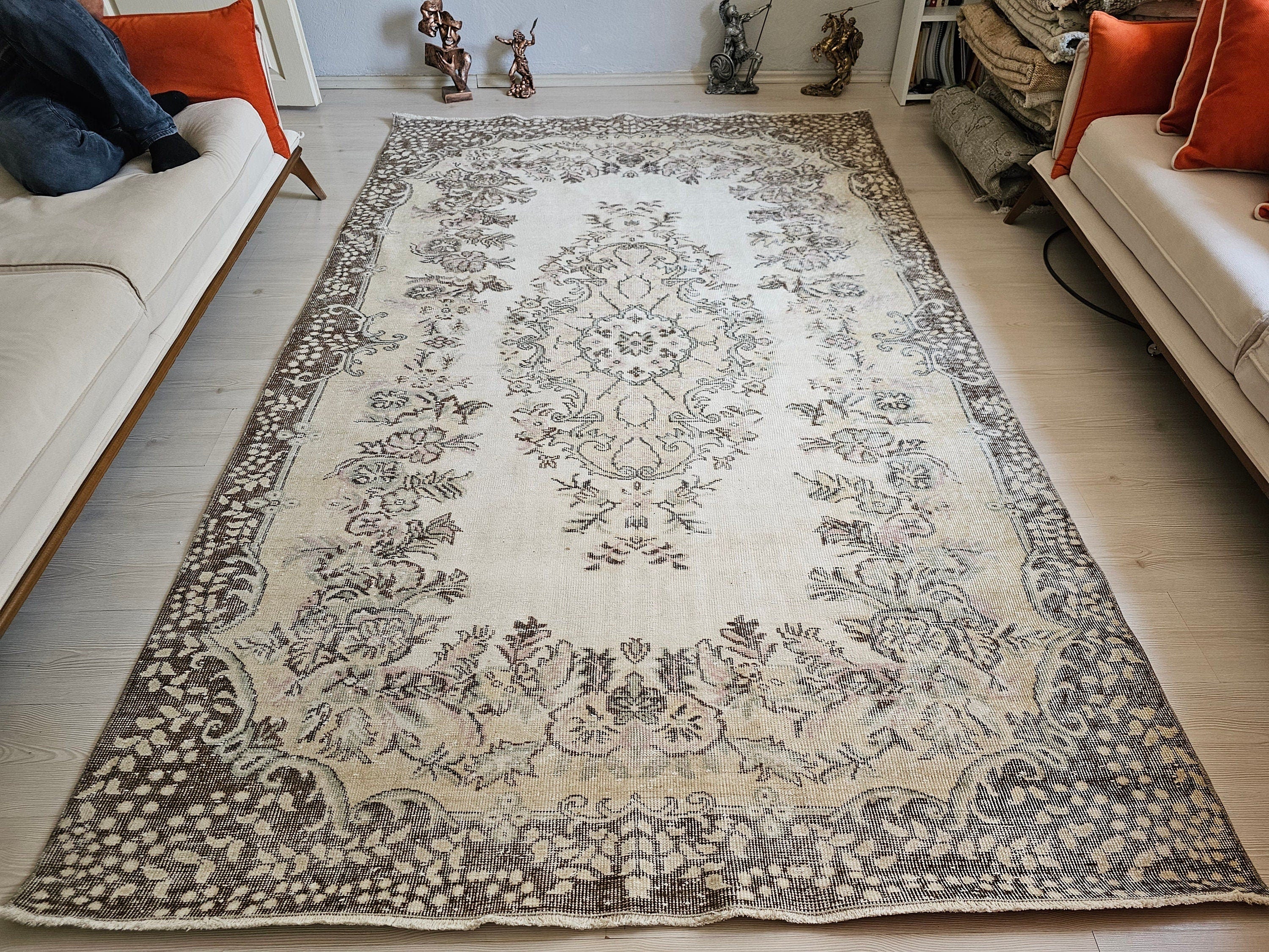 6x9 Vintage Turkish Oushak Rug: Handmade Wool Floral Area Rug