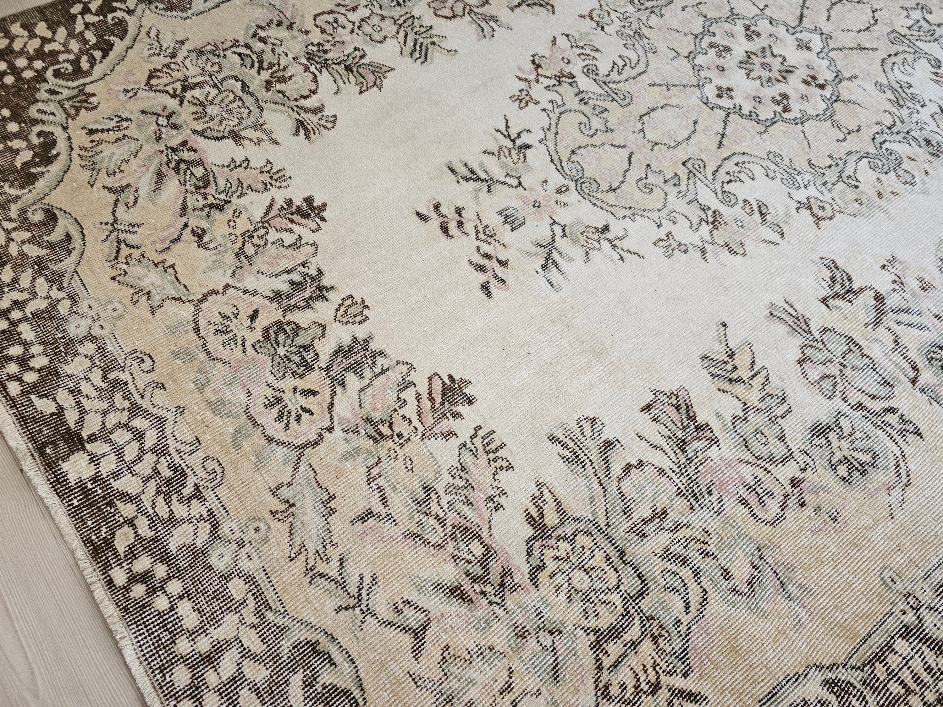 6x9 Vintage Turkish Oushak Rug: Handmade Wool Floral Area Rug