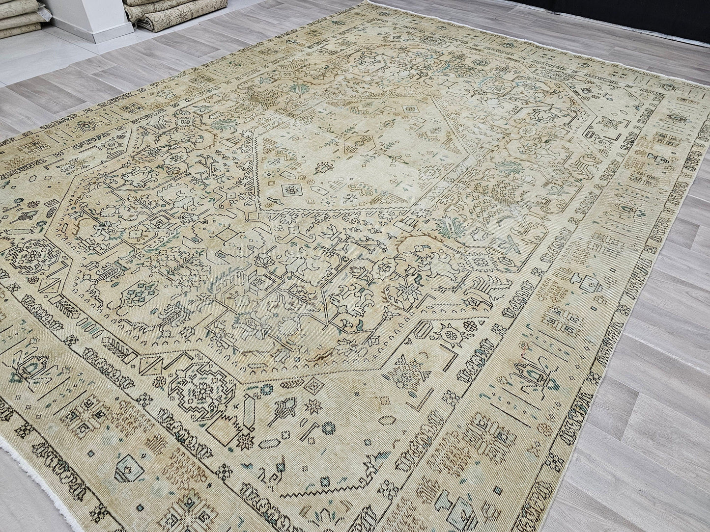 9 by  12 Hand Knotted Rug - Oversized Heriz Rug - Geometric Rug - Faded Oushak Rug  - Beige Cream Brown Mint Green Rug // 9.15x12.30 feet