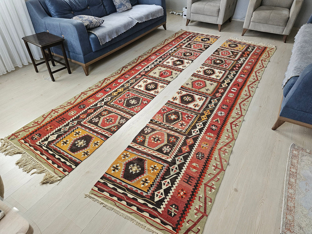 Vintage Oushak Kilim Runner Rug: Double Wing Anatolian Wool Rug