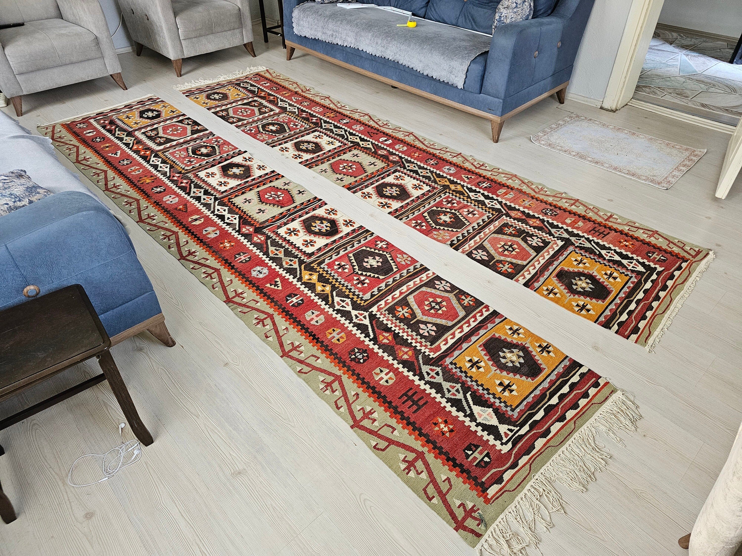 Vintage Oushak Kilim Runner Rug: Double Wing Anatolian Wool Rug