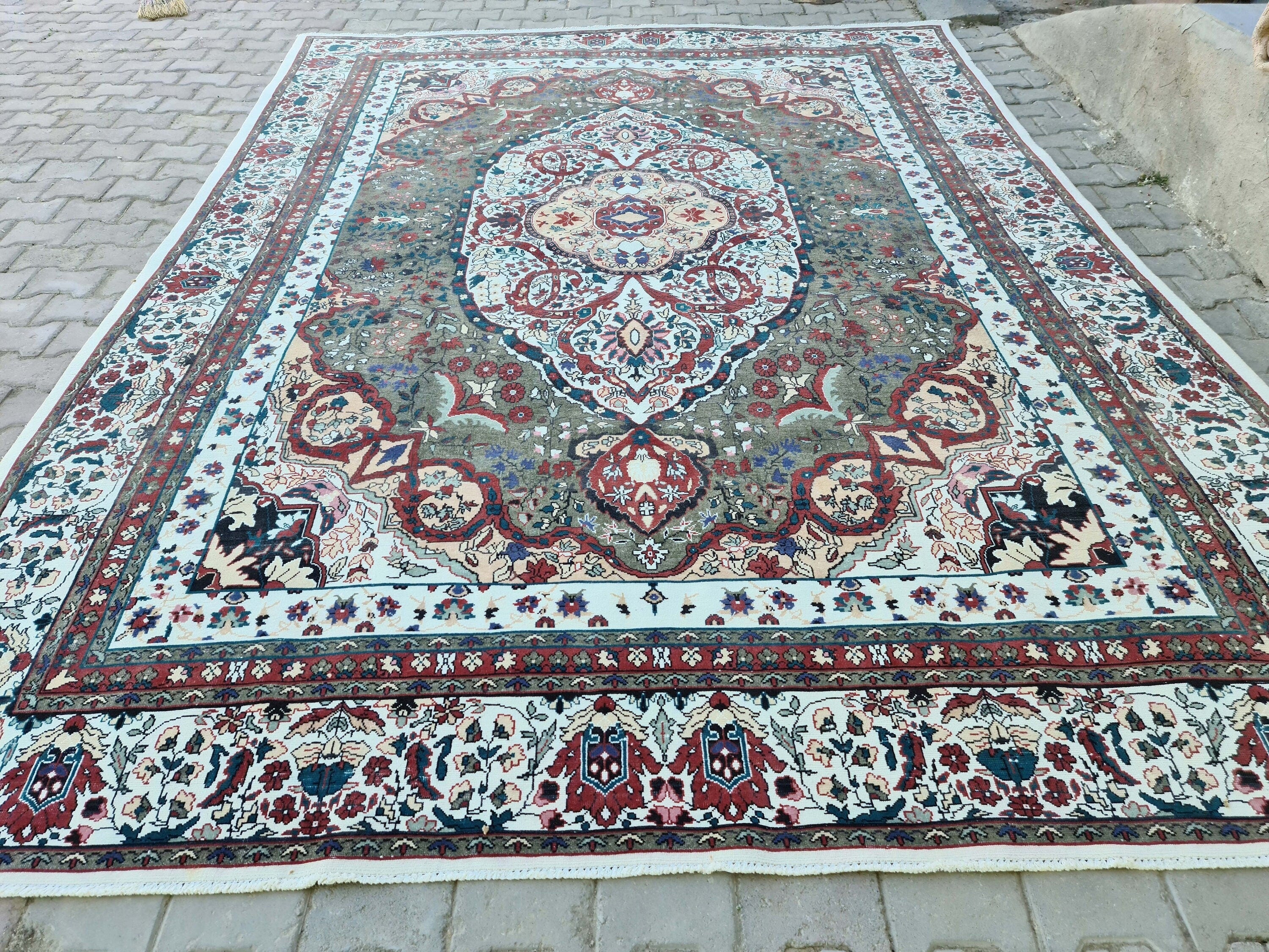 Oversize Hand-Knotted Wool Oushak Rug: 9x13 Vintage Persian Carpet