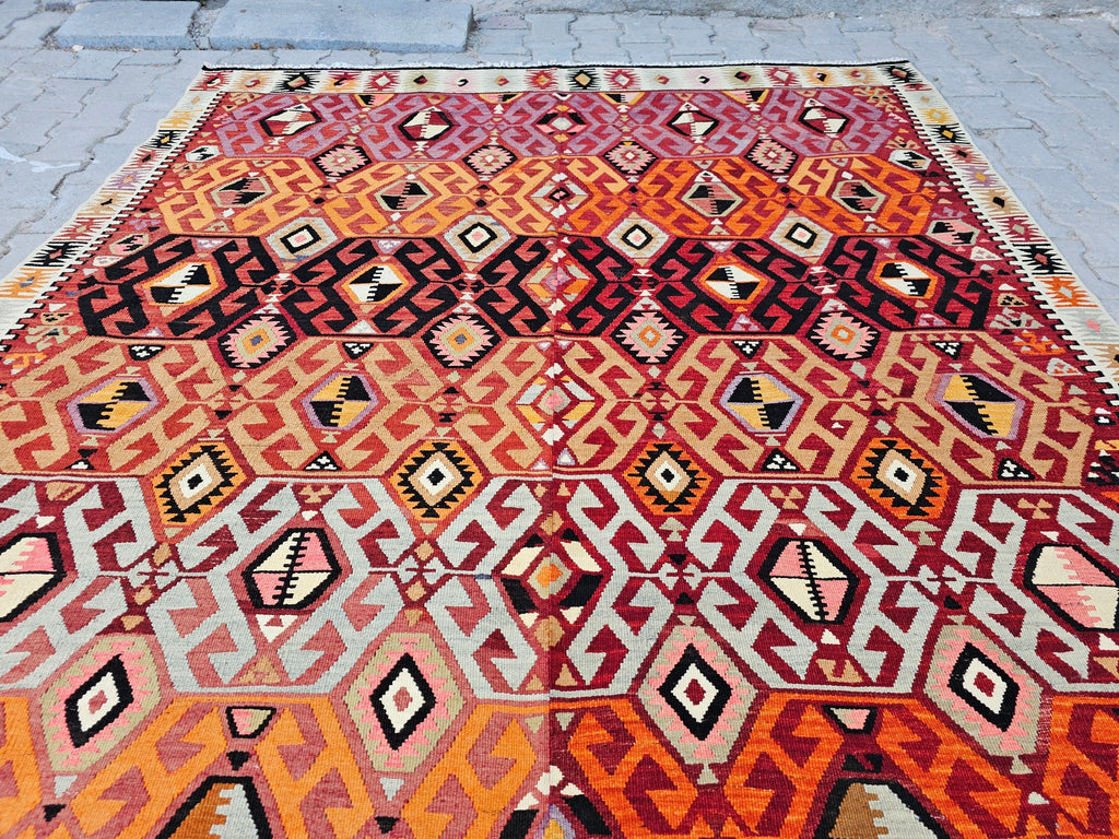 Handmade Vintage Turkish Kilim Rug: Large Bohemian Area Carpet (6.50x11.60 Feet)