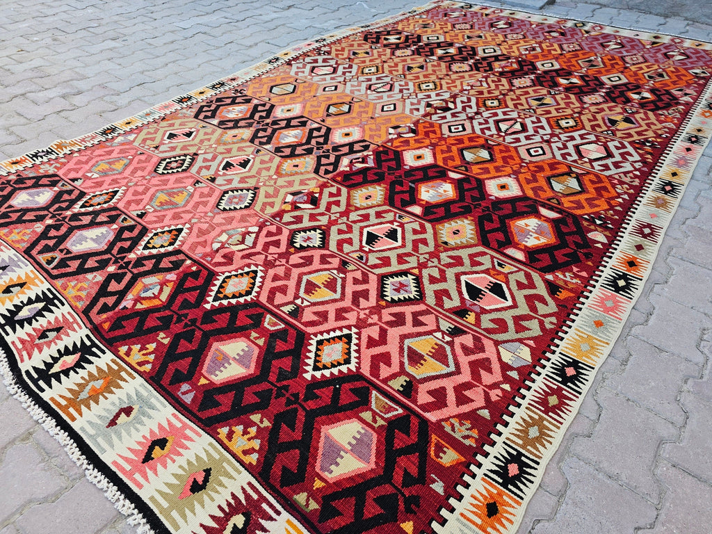 Handmade Vintage Turkish Kilim Rug: Large Bohemian Area Carpet (6.50x11.60 Feet)