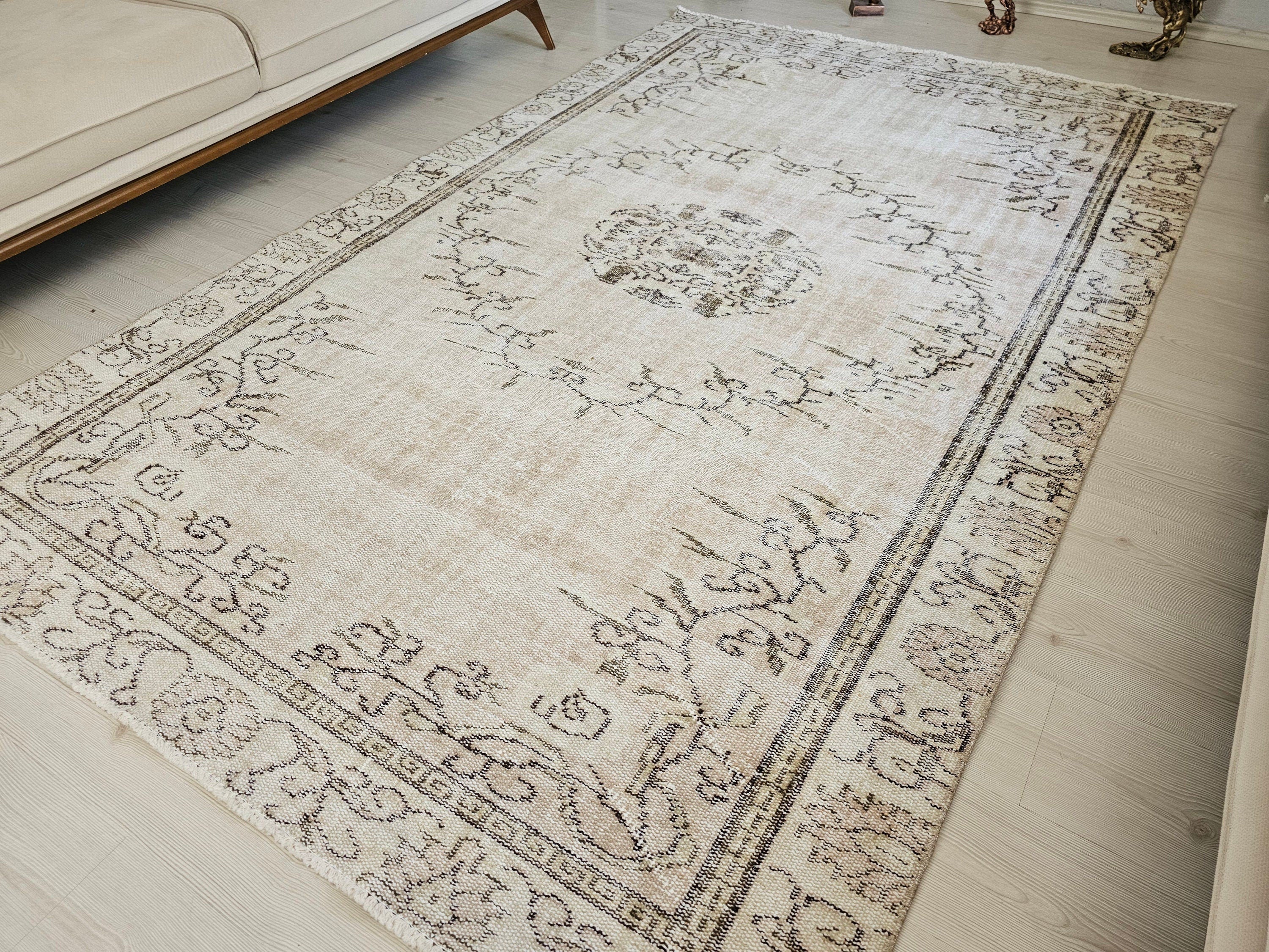 Hand Knotted Wool Turkish Oushak Rug 6x9: Neutral Boho Area Rug