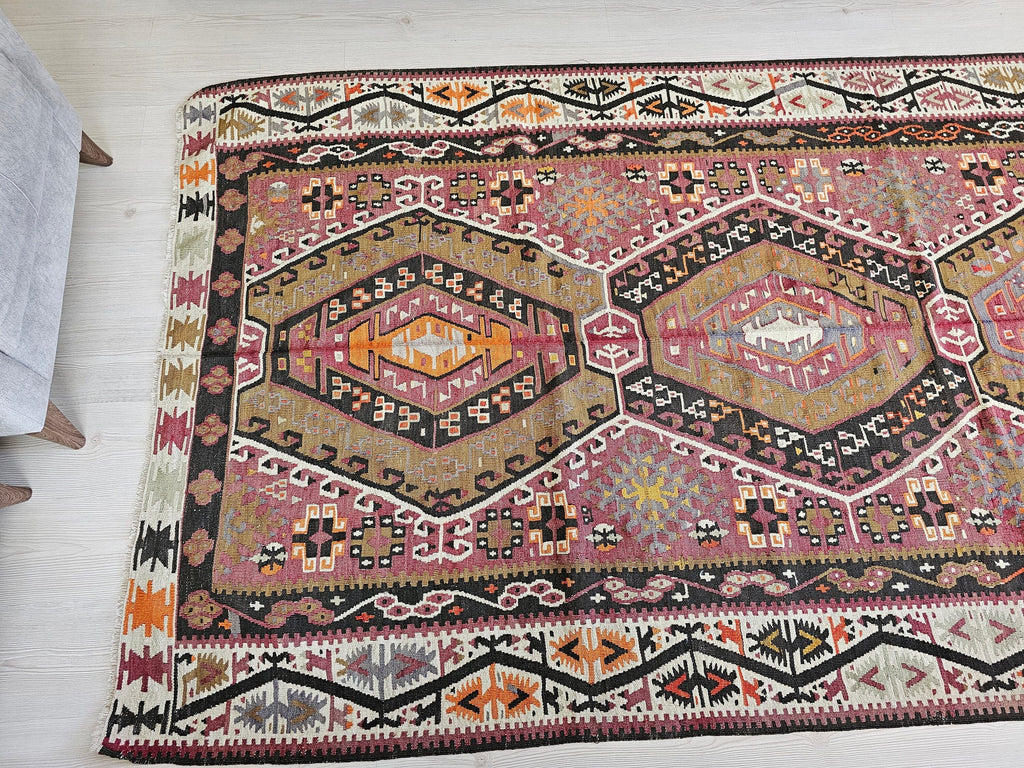 Vintage Turkish Kilim Rug: Traditional Tribal Woven Rug (5.20x11.40 feet)