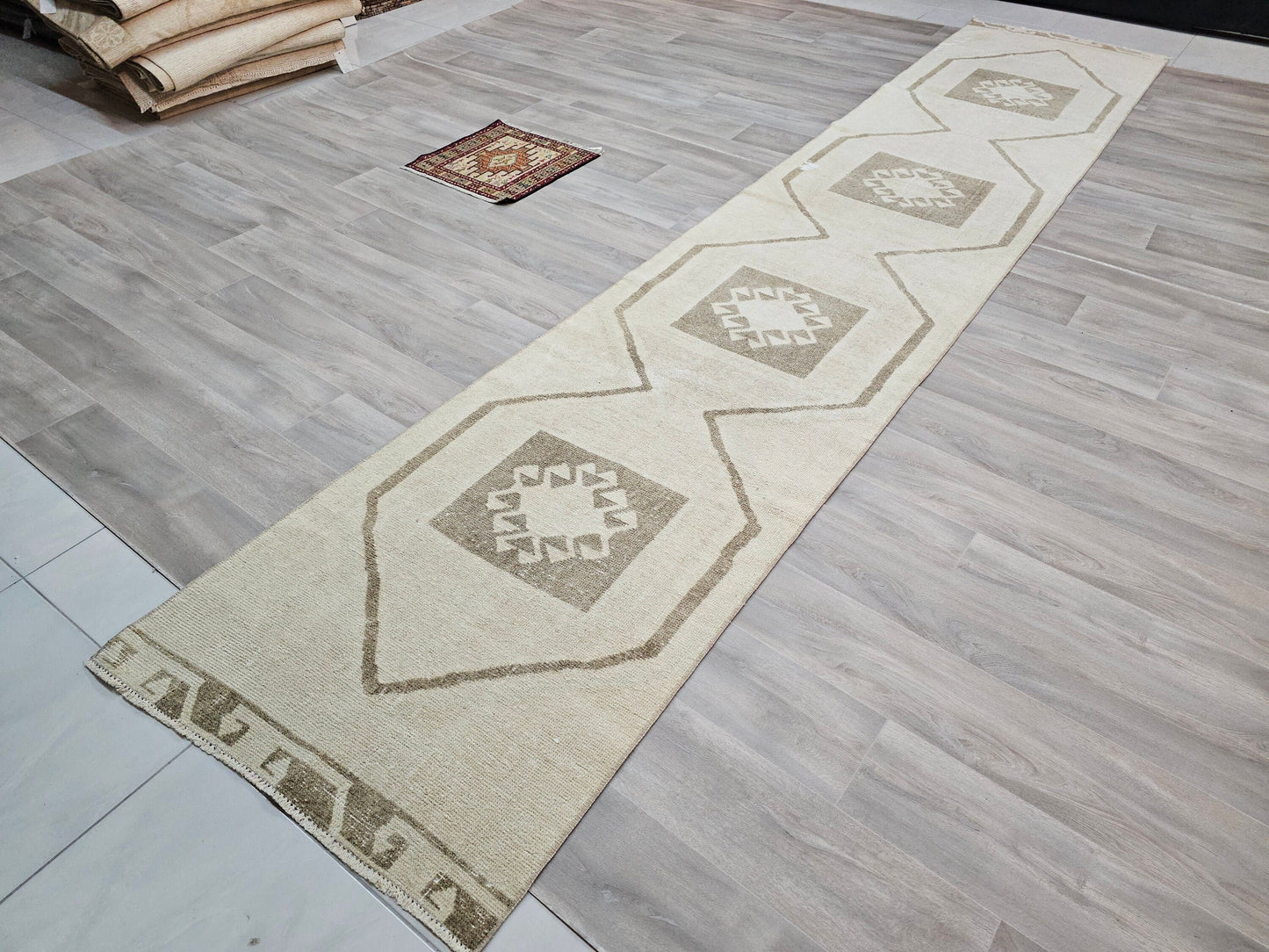 3x15 Runner Rug Turkish Vintage Runner / Beige Brown Cream Runner/ Runner For Kitchen/ Oushak Runner/ Wool Handmade Rug Runner/ 3x15.30 feet