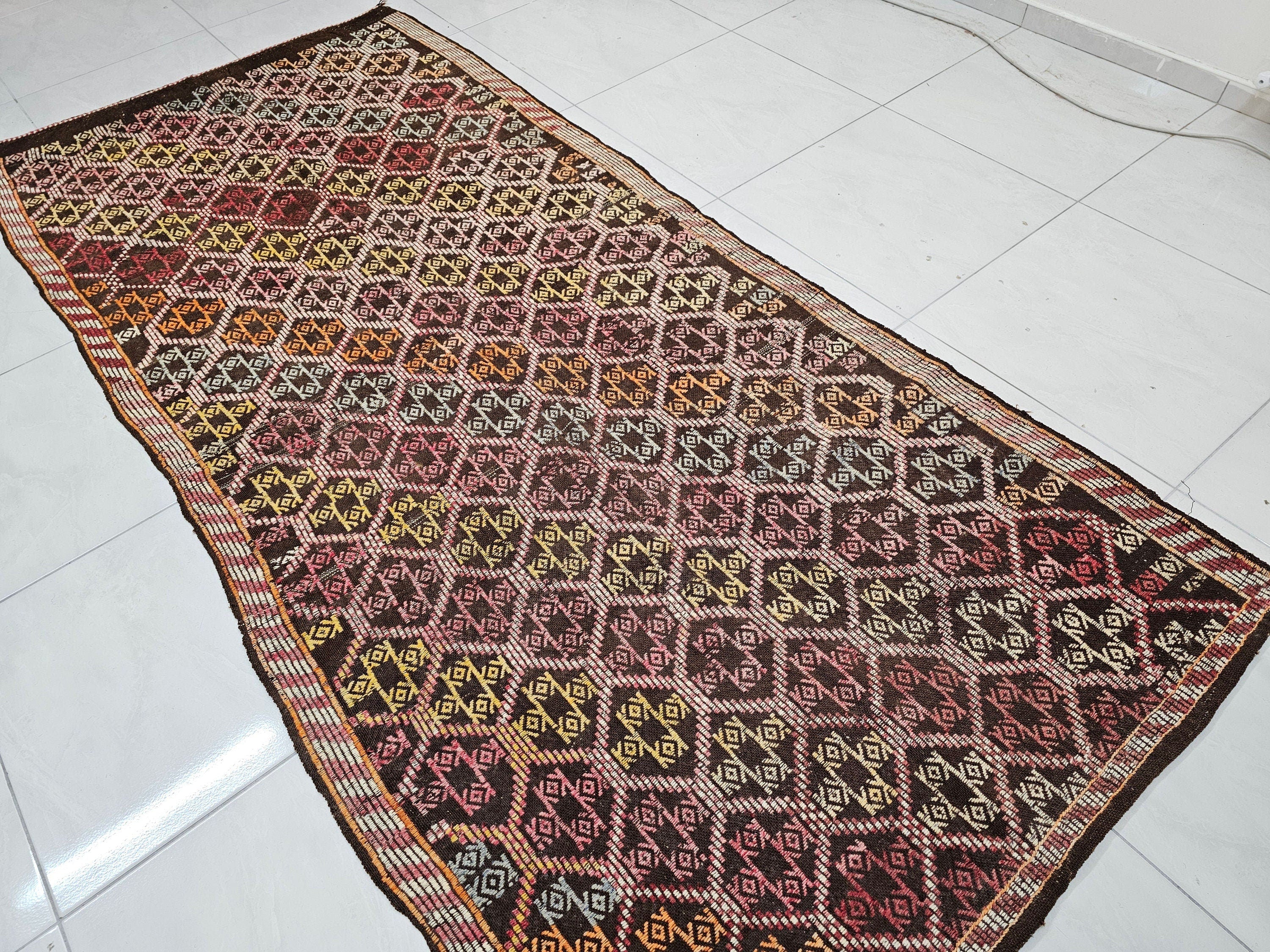 Vintage Turkish Kilim Runner: Handwoven Wool Rug, 4x10 Tribal Hallway