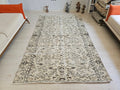 5x8 Vintage Turkish Rug: Neutral Floral Handmade Wool Entry Rug