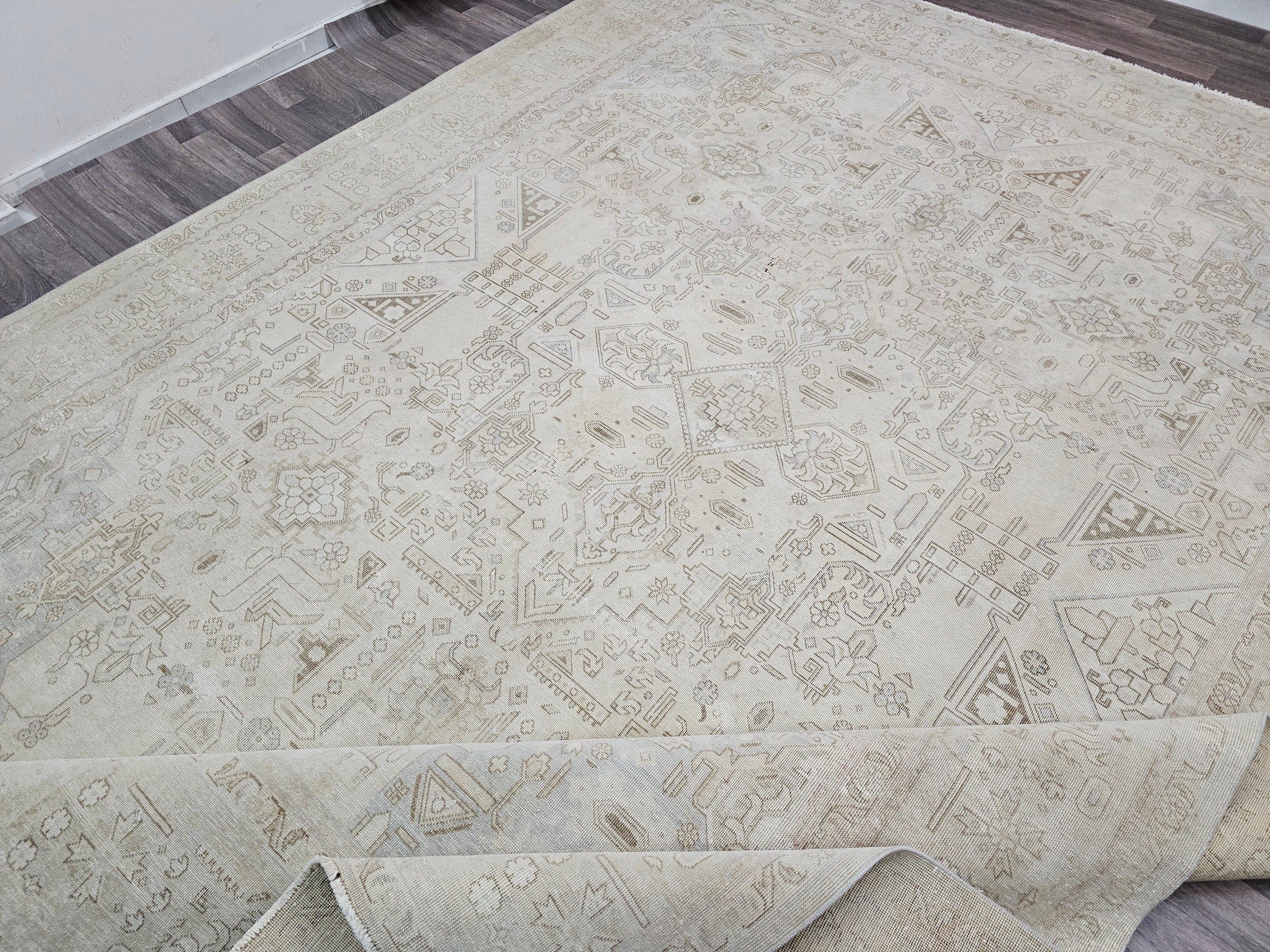 9x12 Distressed Oversize Neutral Anatolian Rug | Geometric Heriz Design | Hand Knotted Area Rug