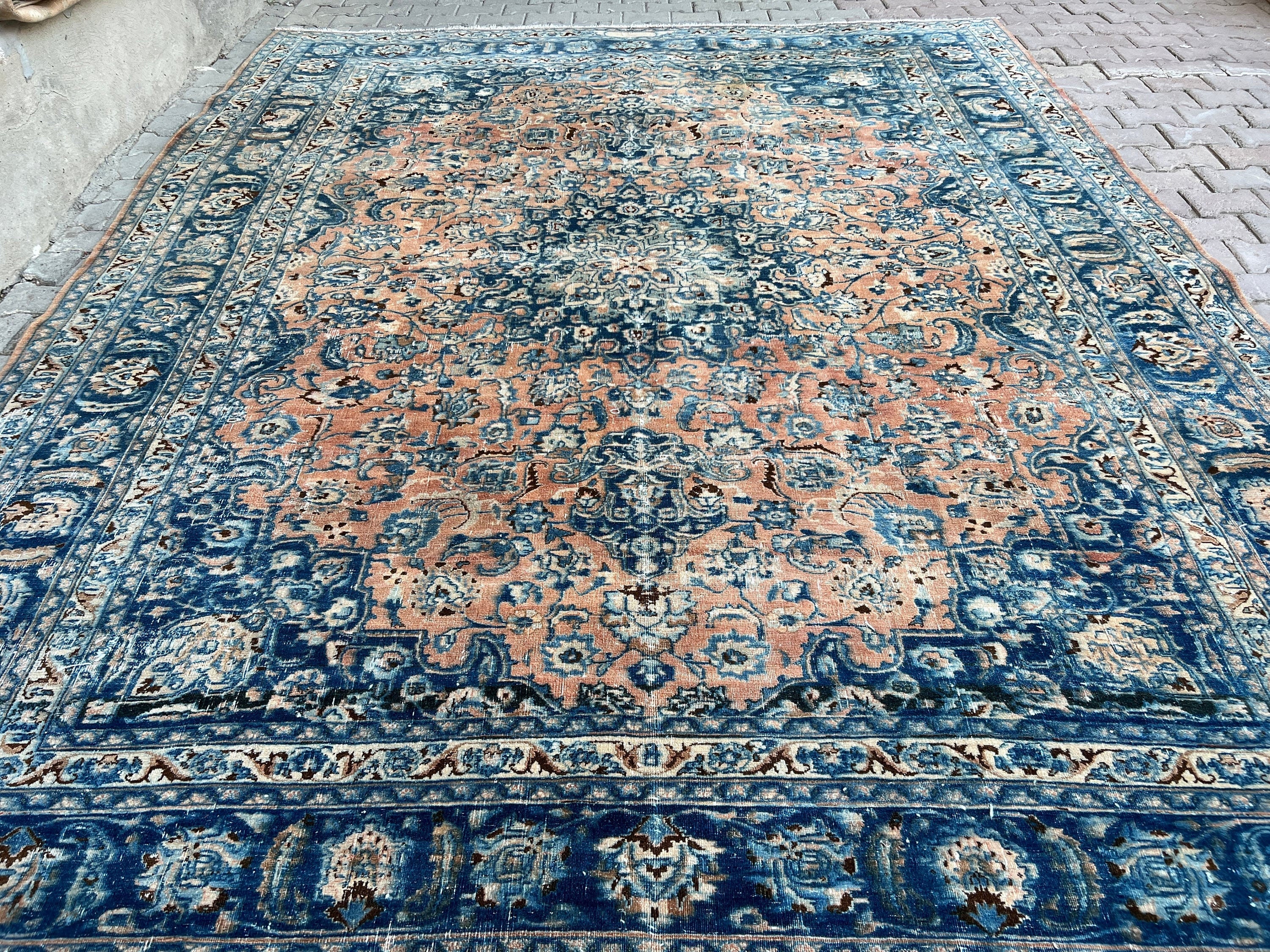 Hand-Knotted Vintage Turkish Oushak Rug (10x12): Navy Blue & Orange Wool