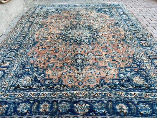 10x12 Hand Knotted Vintage Turkish Oushak Rug - Anatolian Wool Rug 10x12 - Muted Extra Large Oushak Area Rug - Navy Blue Orange Color