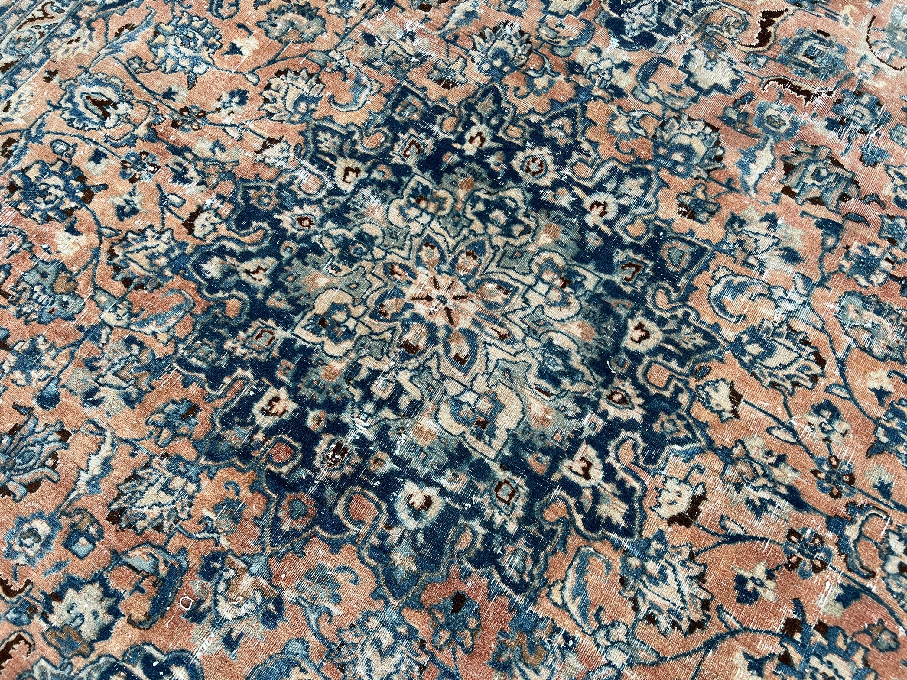 Hand-Knotted Vintage Turkish Oushak Rug (10x12): Navy Blue & Orange Wool