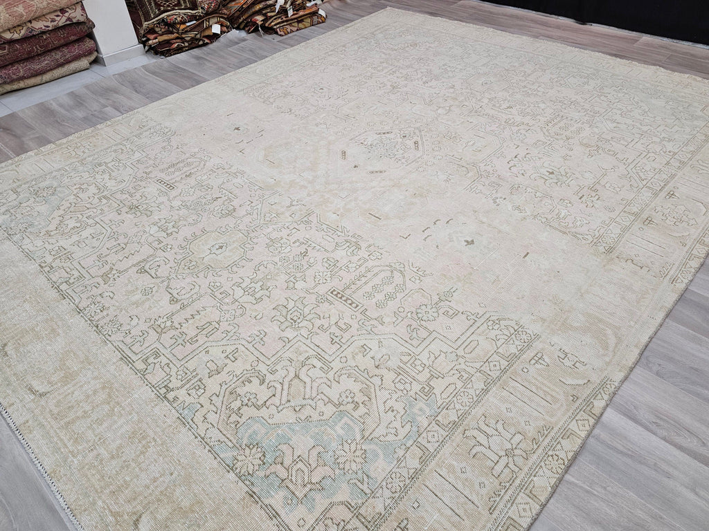 Neutral Handwoven Vintage Wool Rug - 9.50x12.15 feet | Large Area Carpet