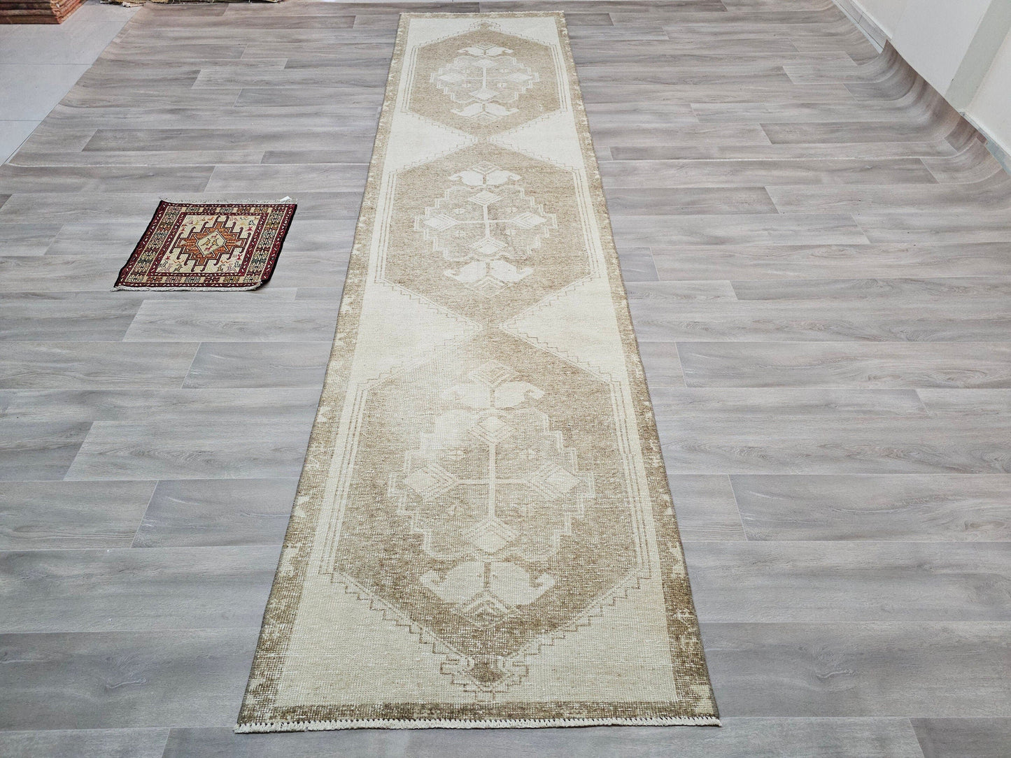 Neutral Runner Rug / 3.20x12.70 feet / Hand Knotted Wool Muted Turkish Runner for Hallway / Non Slip Rug Runner/ Beige Cream Brown Runner