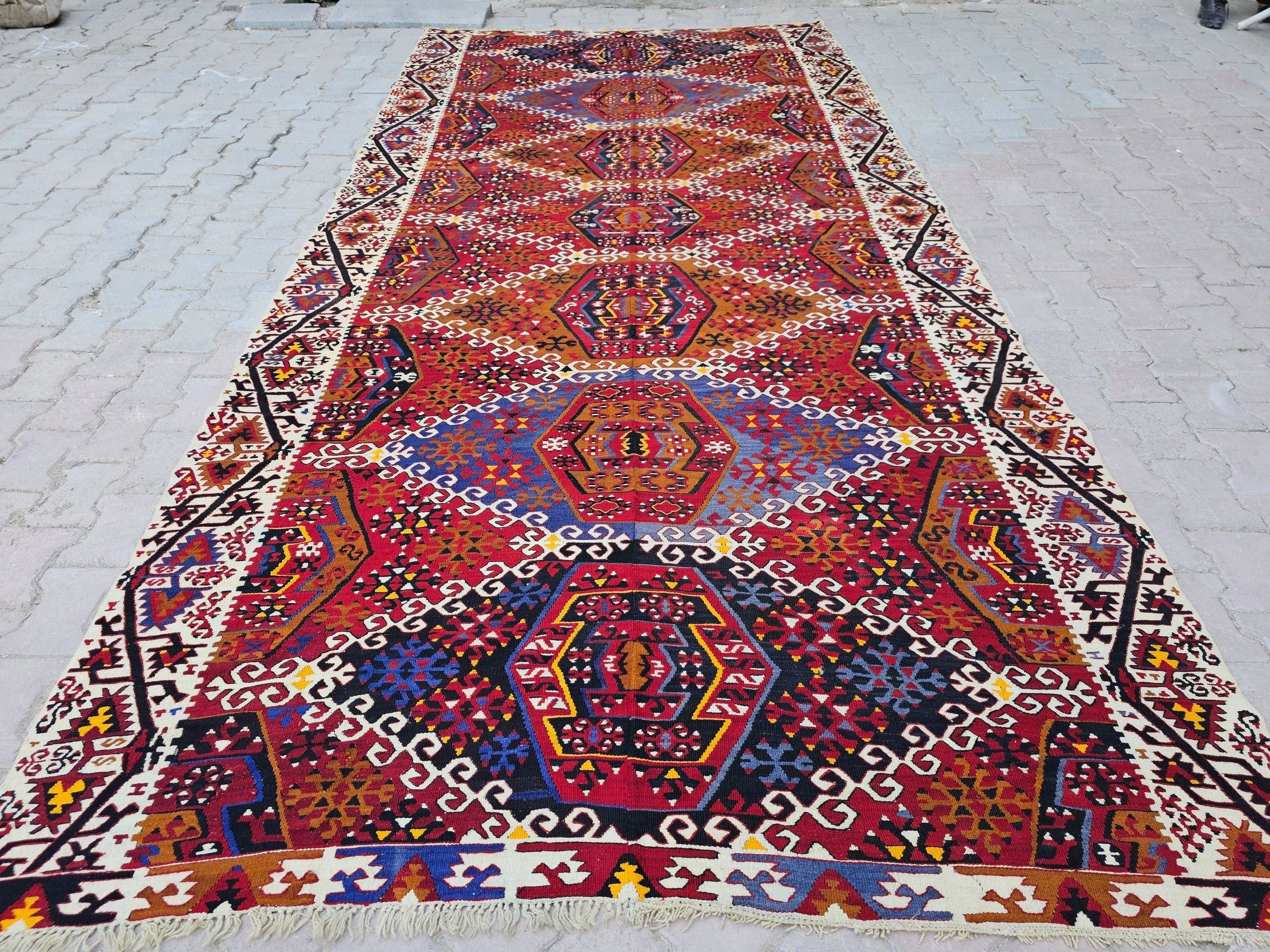 Vintage Turkish Kilim Rug: 6.40x13 ft, Hand-Woven Wool Oushak Rug