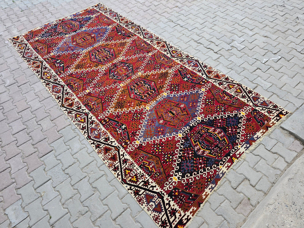 Vintage Turkish Kilim Rug: 6.40x13 ft, Hand-Woven Wool Oushak Rug