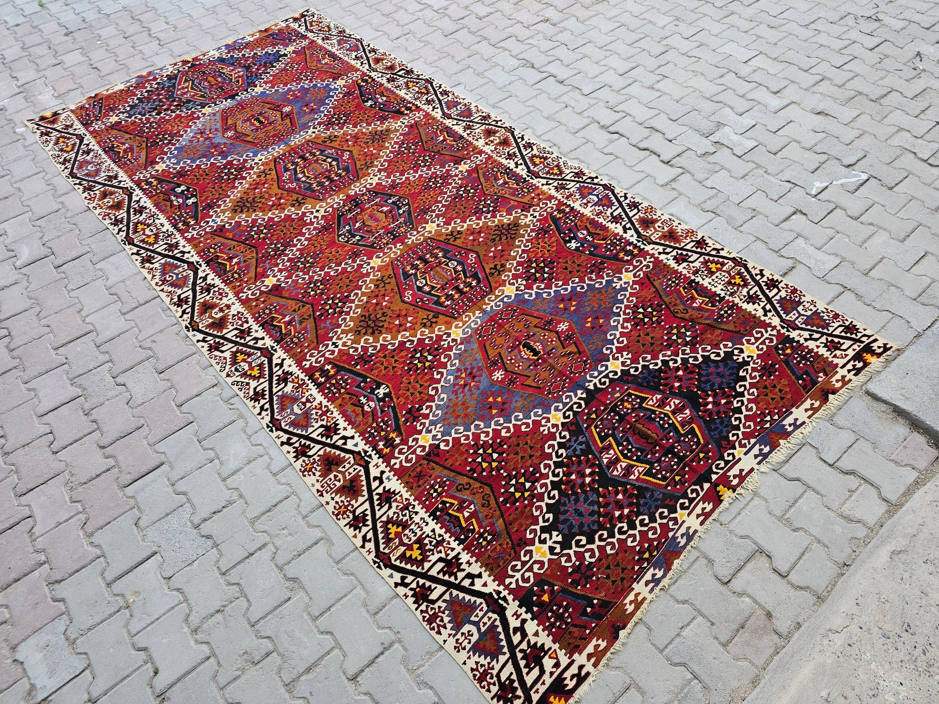 Vintage Turkish Kilim Rug: 6.40x13 ft, Hand-Woven Wool Oushak Rug