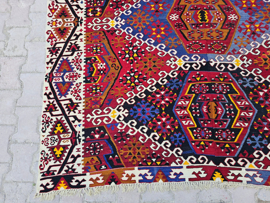 Vintage Turkish Kilim Rug: 6.40x13 ft, Hand-Woven Wool Oushak Rug