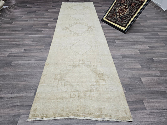 3x11 Neutral Vintage Turkish Runner Rug for Hallway and Aisle - Boho Decor Wool carpet Runner Beige/Cream Faded