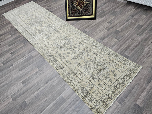 3x12 feet Vintage Runner Rug - Neutral Turkish Rug Runner - Hand Knotted Wool Runner - Faded Persian Runner