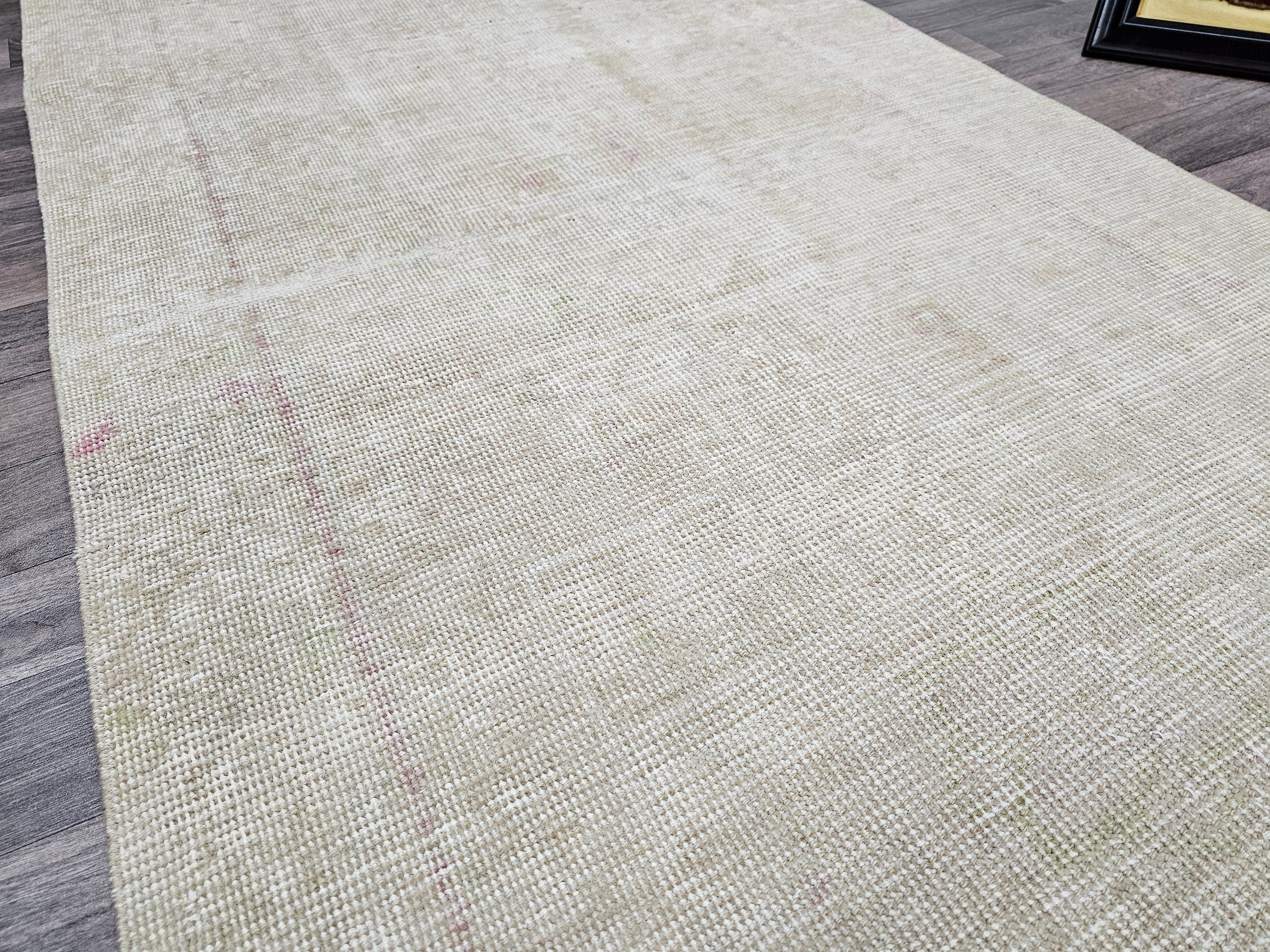 Neutral Turkish Oushak Runner Rug: Vintage Wool Hallway Carpet (3.30x11.90 feet)