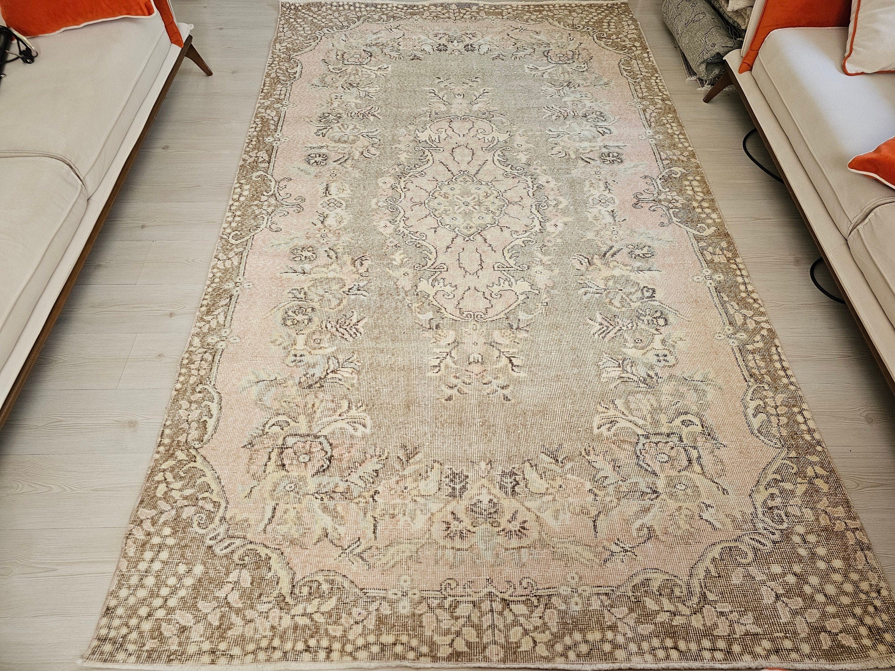 Vintage Turkish Wool Rug: 6x10 Floral Oushak Rug, Hand-Knotted