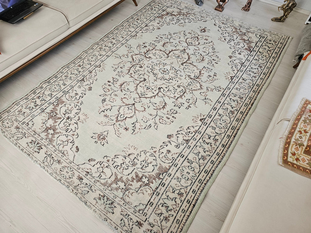 Handmade Wool Turkish Rug: 6x9 Neutral Vintage Area Rug