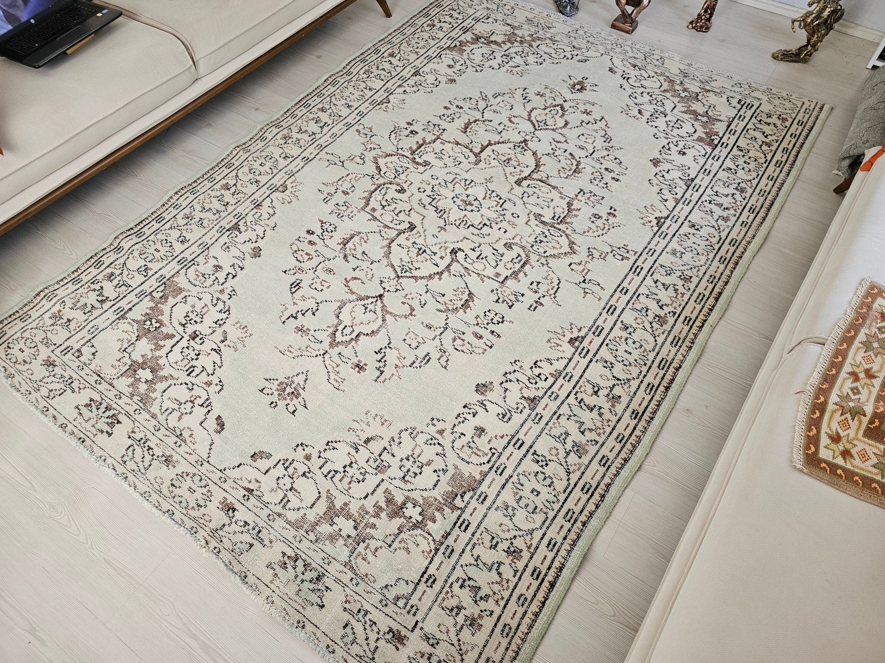 Handmade Wool Turkish Rug: 6x9 Neutral Vintage Area Rug