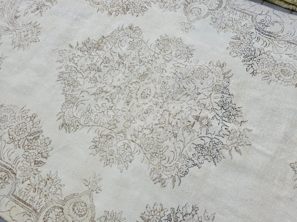 6x9 Vintage Turkish Oushak Rug: Cream Wool Area Rug