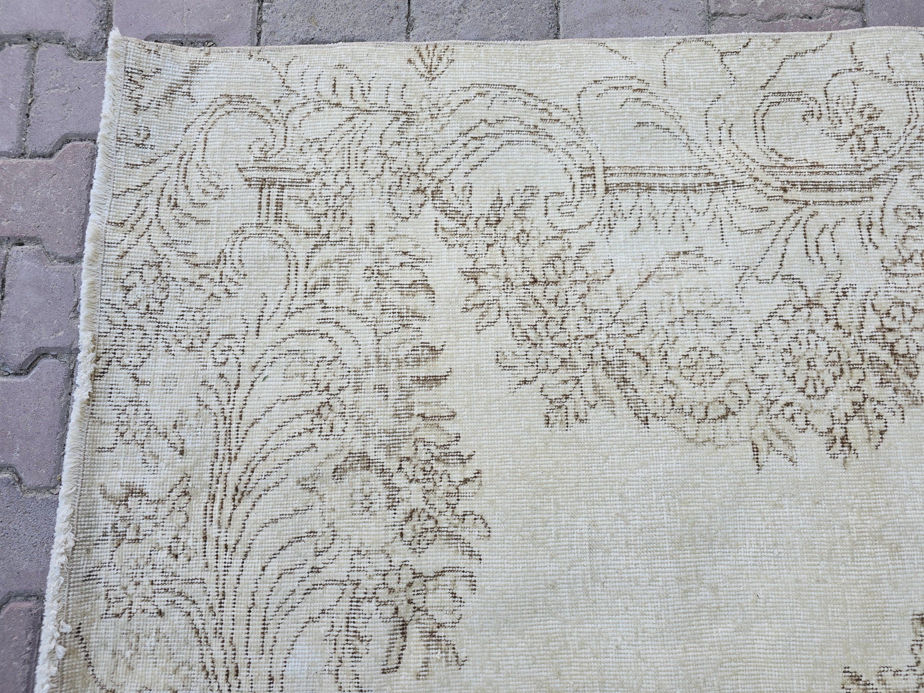 6x9 Vintage Turkish Oushak Rug: Cream Wool Area Rug