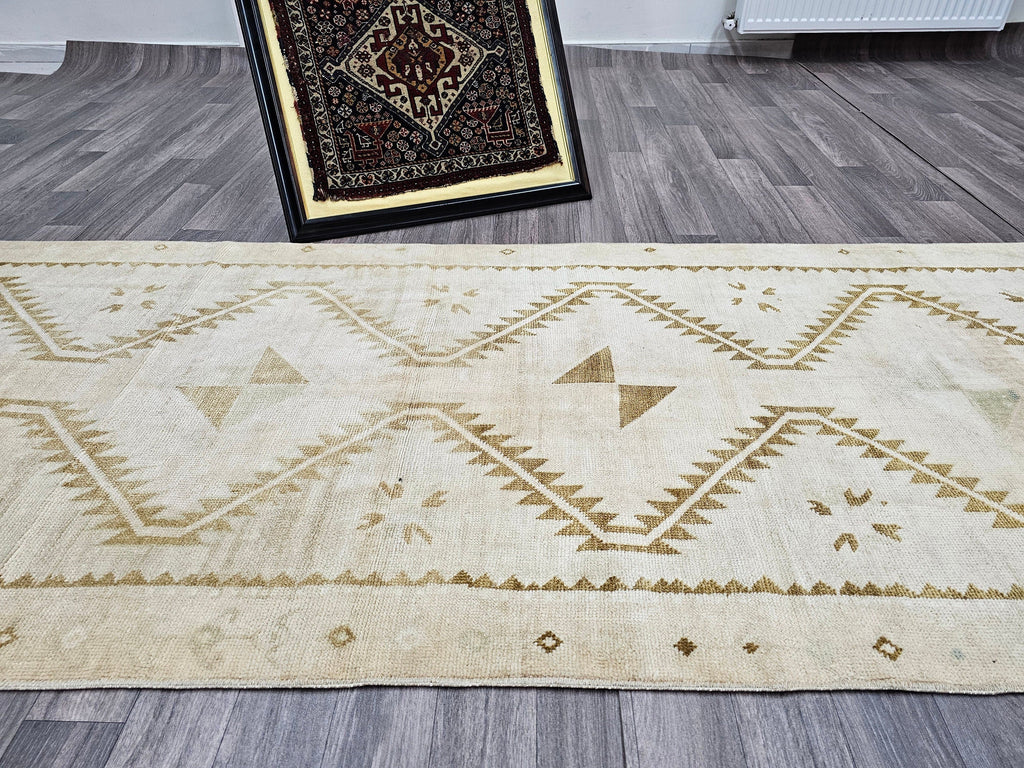 Hand Knotted Turkish Oushak Wool Runner: Neutral Geometric Design (3.30x12.50 feet)