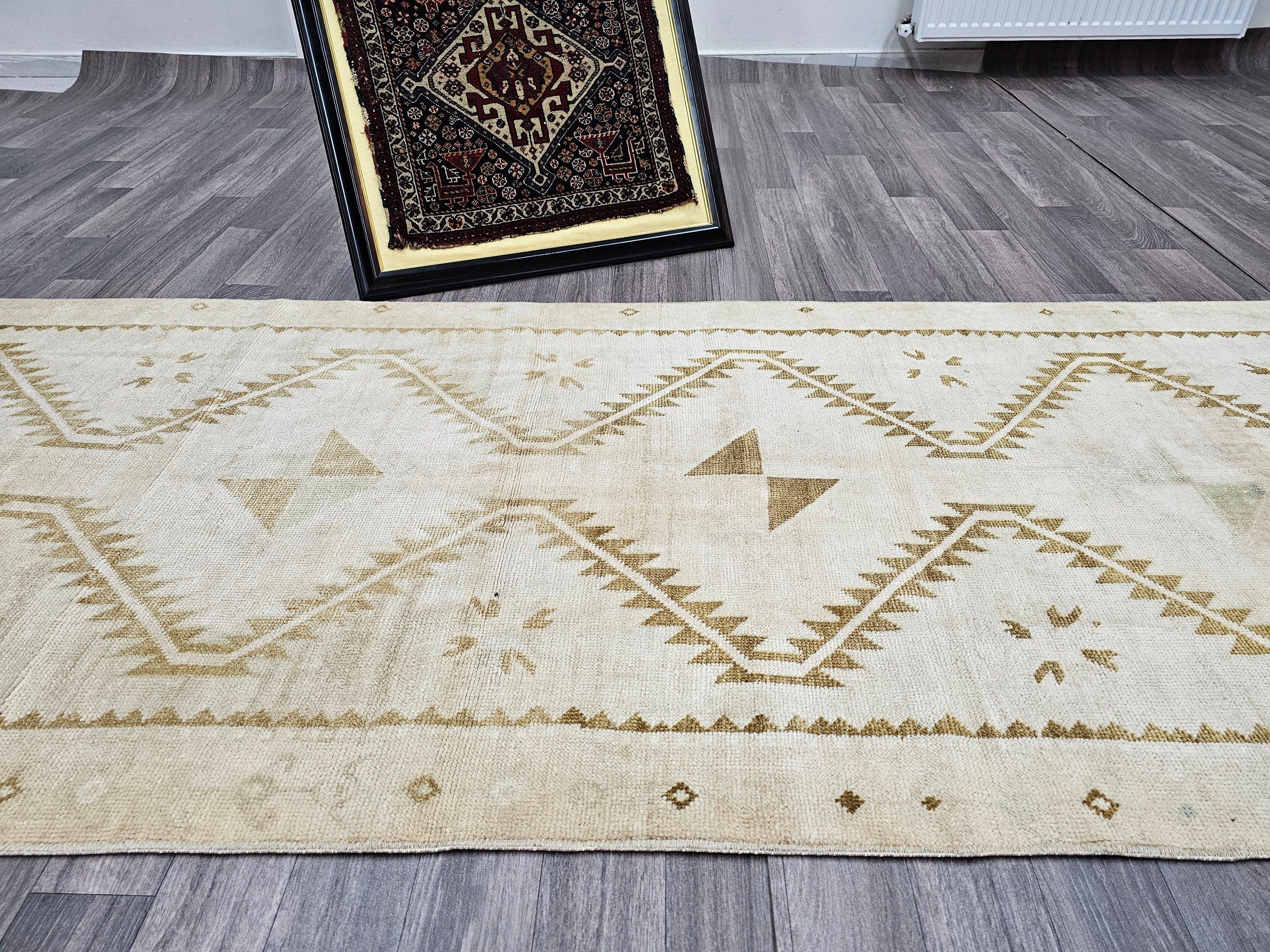Hand Knotted Turkish Oushak Wool Runner: Neutral Geometric Design (3.30x12.50 feet)