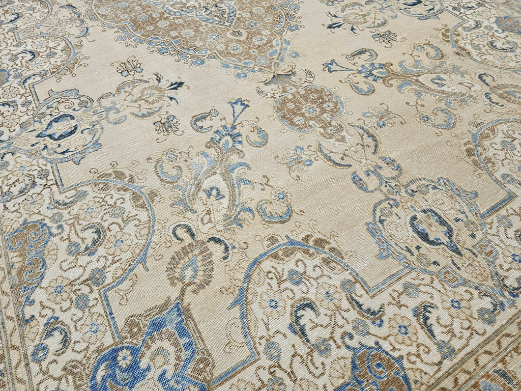 11x16 Extra Large Vintage Oushak Rug: Neutral Beige, Blue & Brown Wool