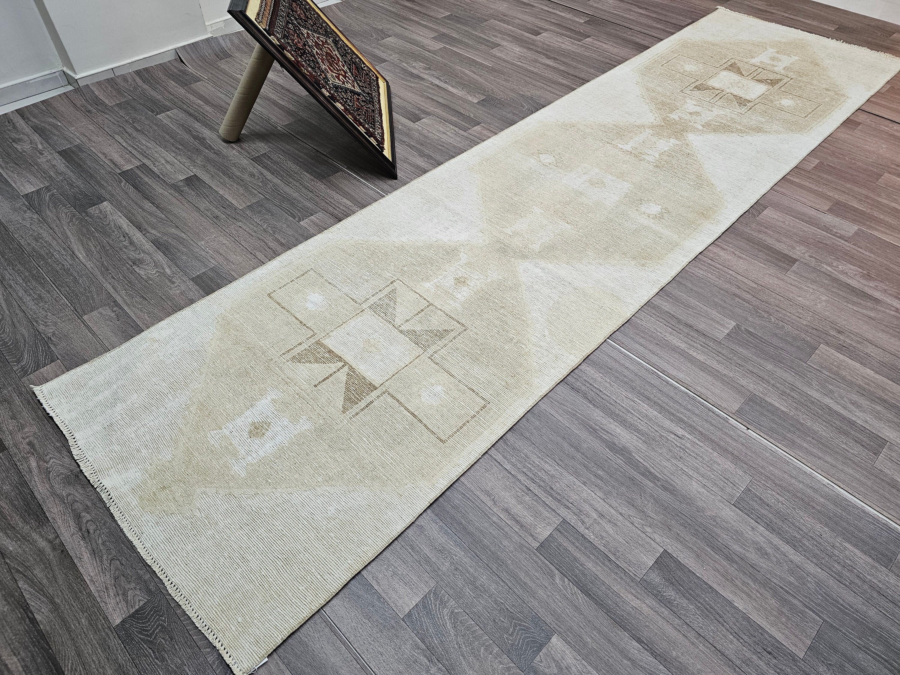 Vintage Turkish Oushak Wool Runner Rug: Neutral Faded Hallway Aisle Rug