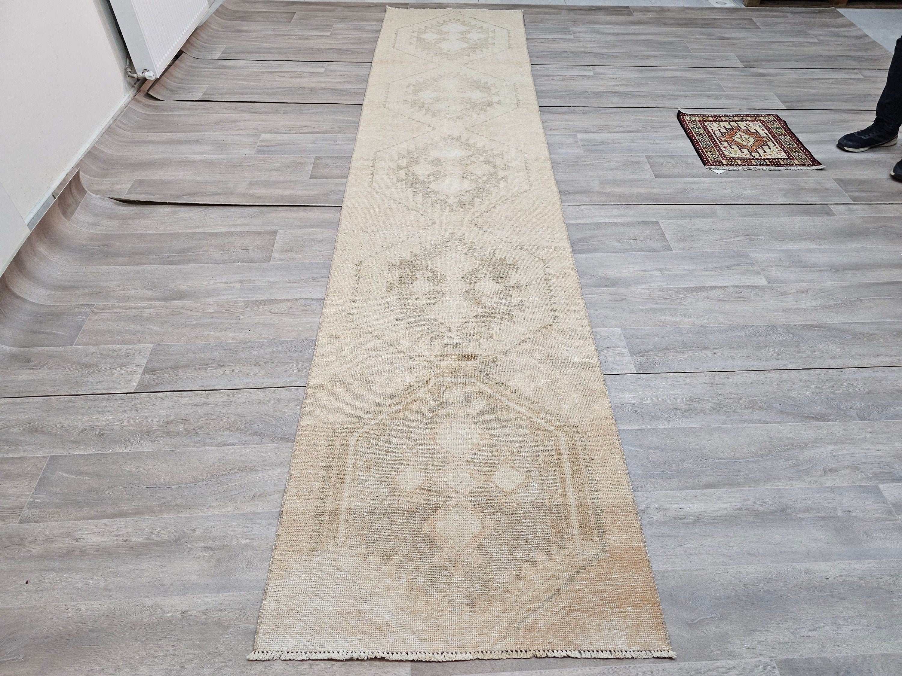 Neutral Oushak Rug Runner 3x13 ft: Distressed Turkish Hallway Carpet
