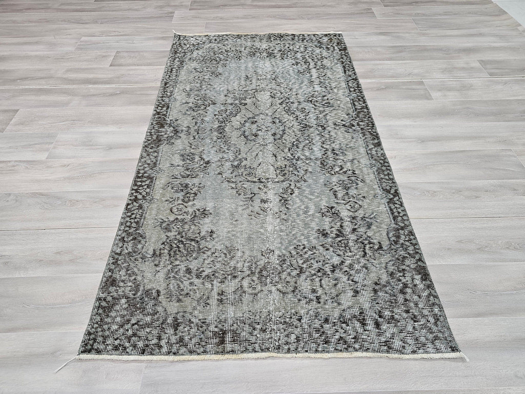 4x7 Overdyed Turkish Wool Rug: Floral Oushak Rug