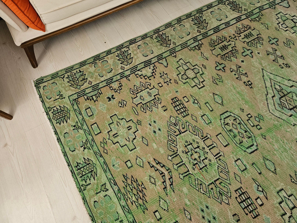 Faded Green Turkish Oushak Rug: 6x9 Vintage Wool Anatolian Rug