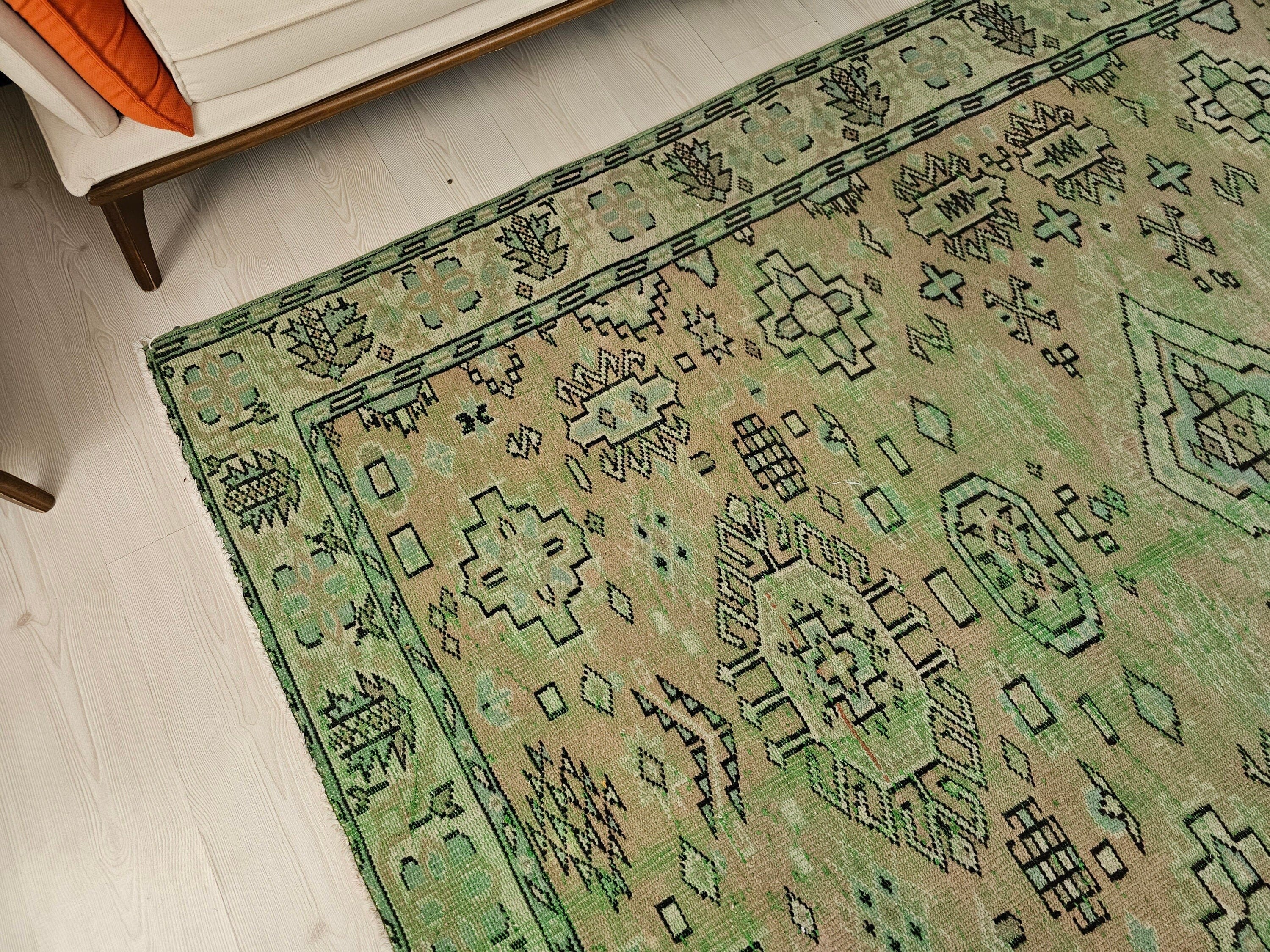 Faded Green Turkish Oushak Rug: 6x9 Vintage Wool Anatolian Rug