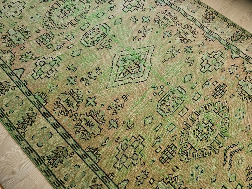 Faded Green Turkish Oushak Rug: 6x9 Vintage Wool Anatolian Rug