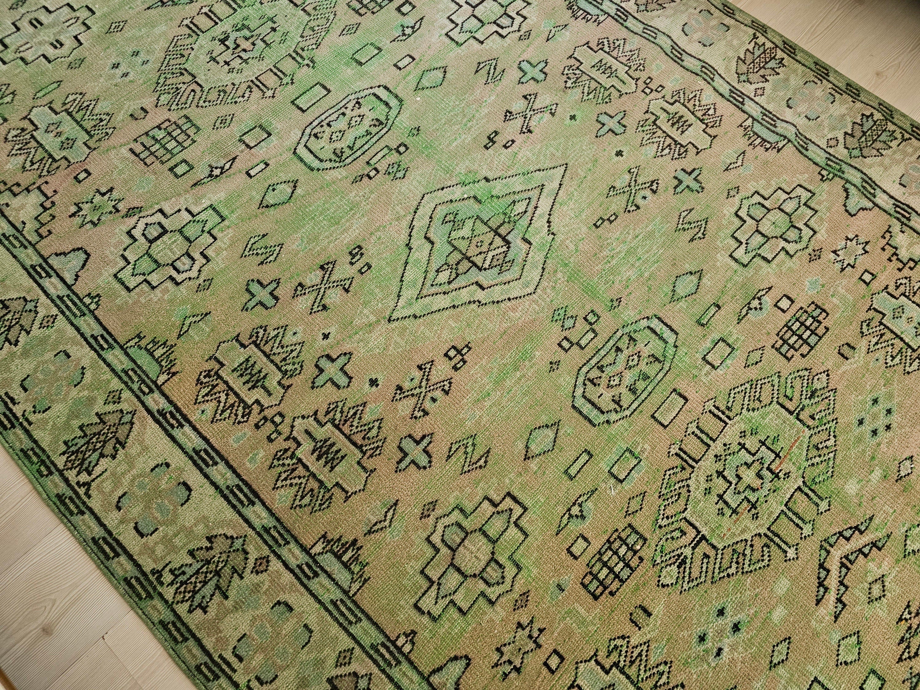 Faded Green Turkish Oushak Rug: 6x9 Vintage Wool Anatolian Rug