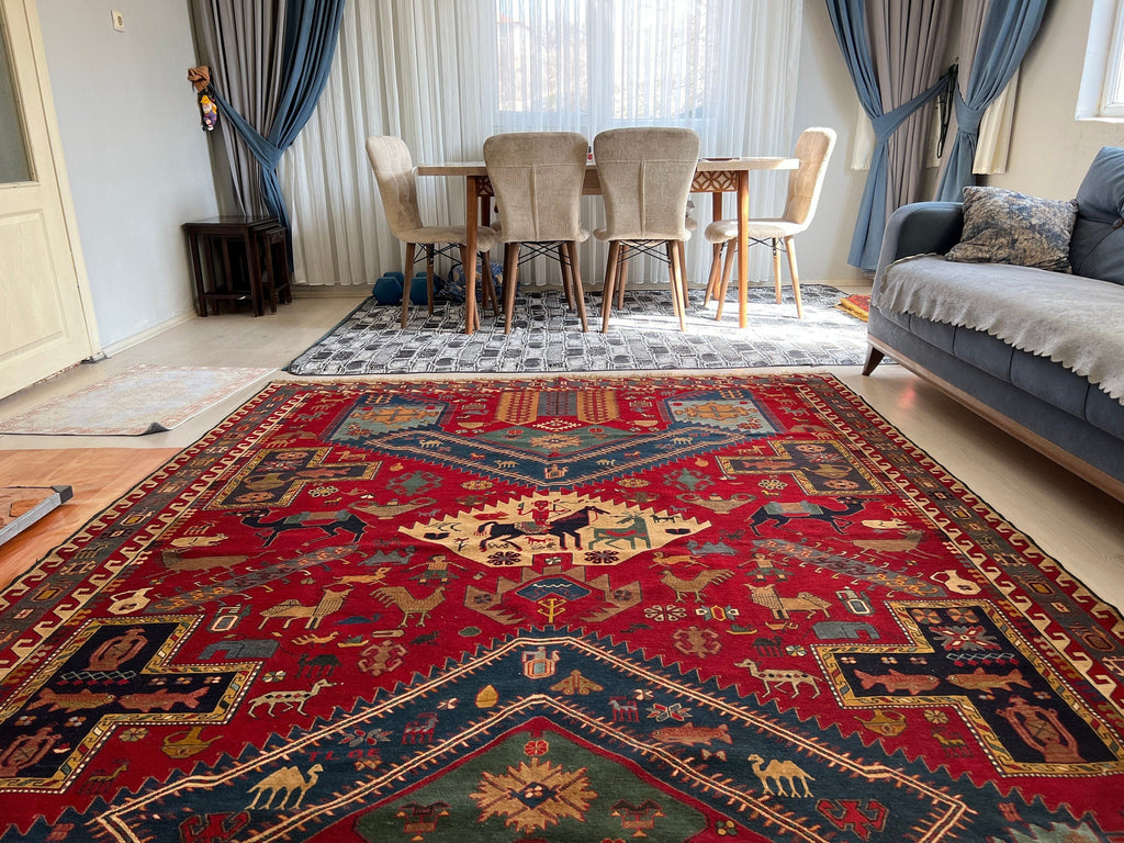 Dragon Soumak Rug: Antique Caucasian Hand-Knotted Wool Carpet (7x9.45 ft)