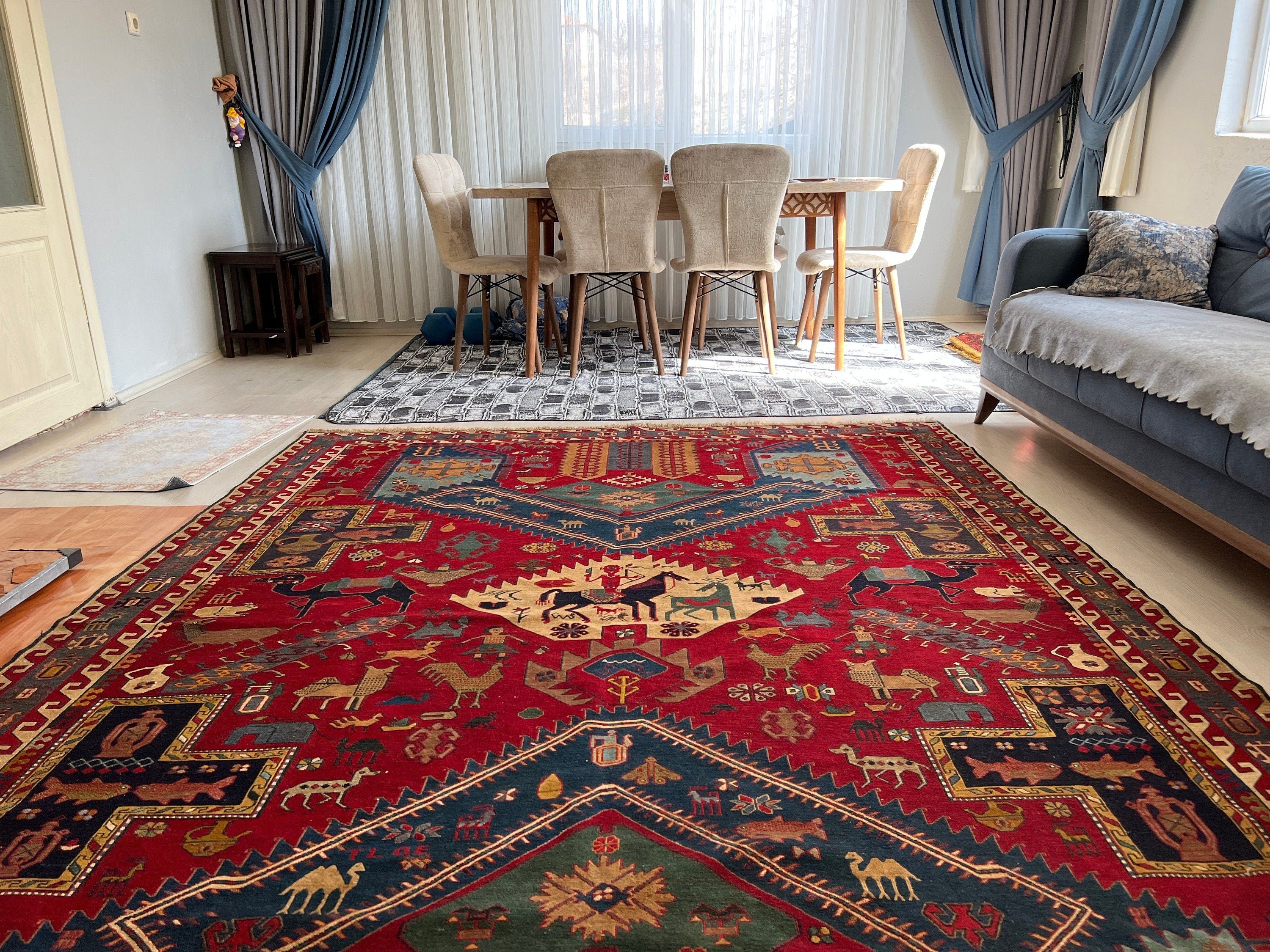 Dragon Soumak Rug: Antique Caucasian Hand-Knotted Wool Carpet (7x9.45 ft)