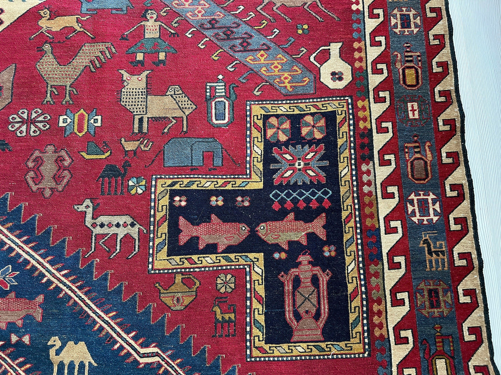 Dragon Soumak Rug: Antique Caucasian Hand-Knotted Wool Carpet (7x9.45 ft)