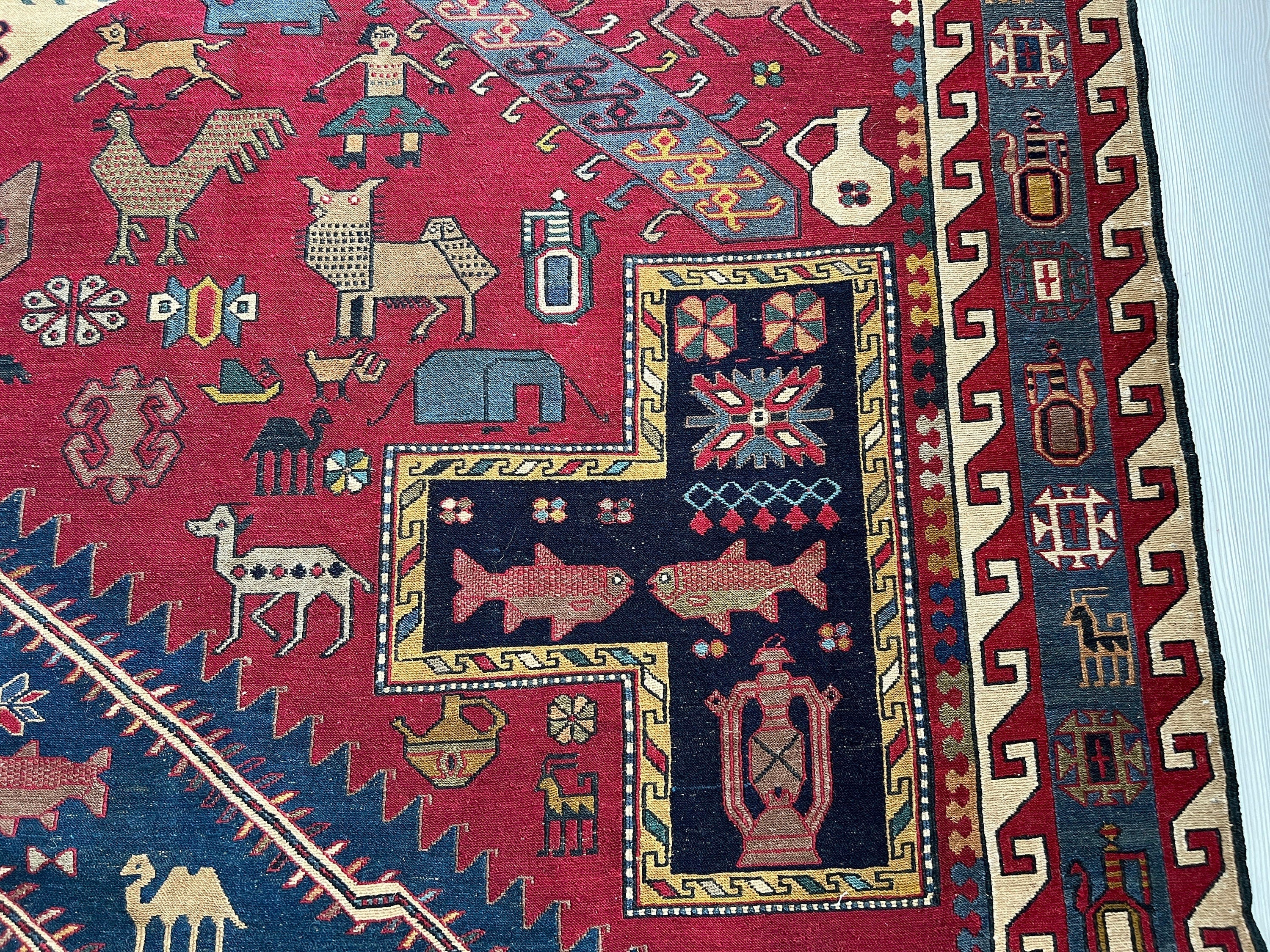 Dragon Soumak Rug: Antique Caucasian Hand-Knotted Wool Carpet (7x9.45 ft)