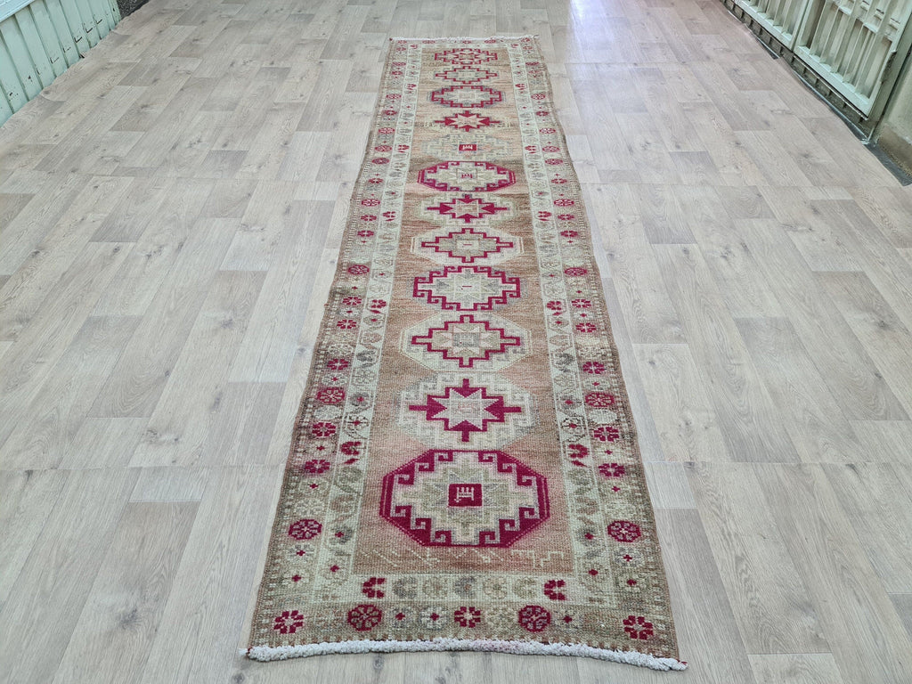 Hand Woven Wool Runner Rug: Vintage Oushak Herki Design (2.85x11.8 feet)