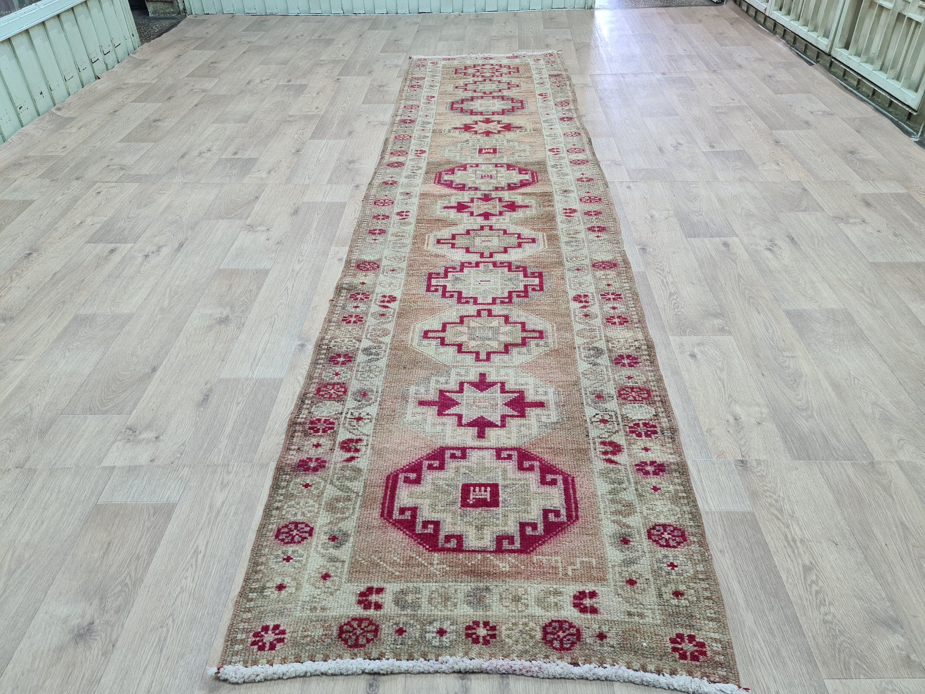 Hand Woven Wool Runner Rug: Vintage Oushak Herki Design (2.85x11.8 feet)